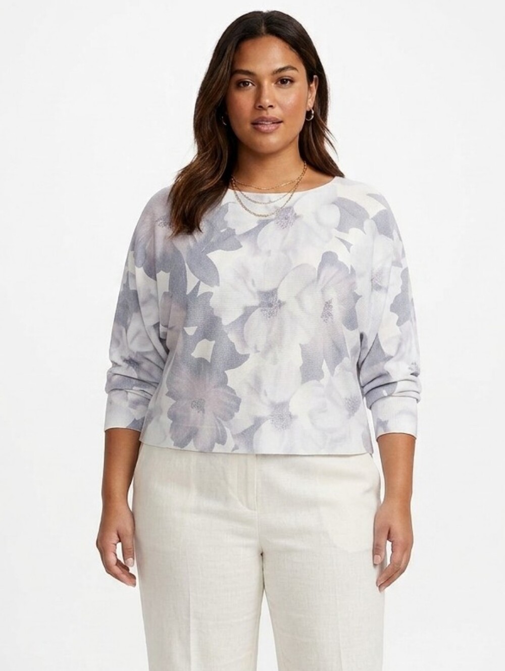 Sioni White and Gray Floral Sweater Top 1X